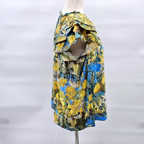 Rose + Olive Womens Blue Lemon Floral Tassel V-Neck Flutter Sleeve Blouse Large - Picture 3 of 10